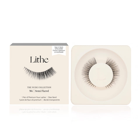 Lithe Lashes Nude Collection Style N4 Semi Flared, product image with a single pair of false eyelashes resting in their cream coloured biodegradable plastic tray on right side of the image, and on the left side of the image is the cream coloured paper sleeve showing a high definition image of a single lash on the front, with the logo in the centre and in the upper right the callouts of easy to apply and reusable.