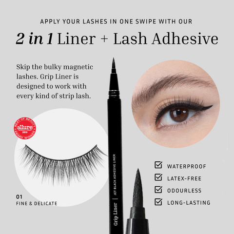 Lithe Lashes false lashes accessories Grip Liner, a 2-in-1 eyeliner lash adhesive. The image of the opened matte black bottle is highlighted with the ultra fine tip in a magnified image next to the life sized image of the bottle resting on a light grey background. The callouts of the accessory are listed in the bottom right, that being waterproof, latex-free, odourless, and long-lasting.