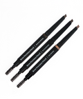 Lithe Lashes Beauty Accessories Brow Precision Pencil product image of all three brow pencils, black brown, medium brown, and ash brown colours aligned one next to the other in a bottom left, to upper right diagonal placement, all on a white background.