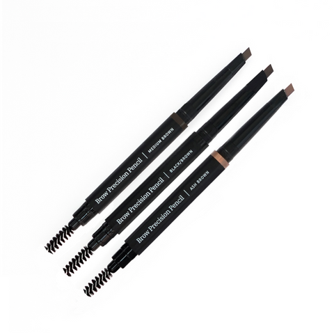 Lithe Lashes Beauty Accessories Brow Precision Pencil product image of all three brow pencils, black brown, medium brown, and ash brown colours aligned one next to the other in a bottom left, to upper right diagonal placement, all on a white background.