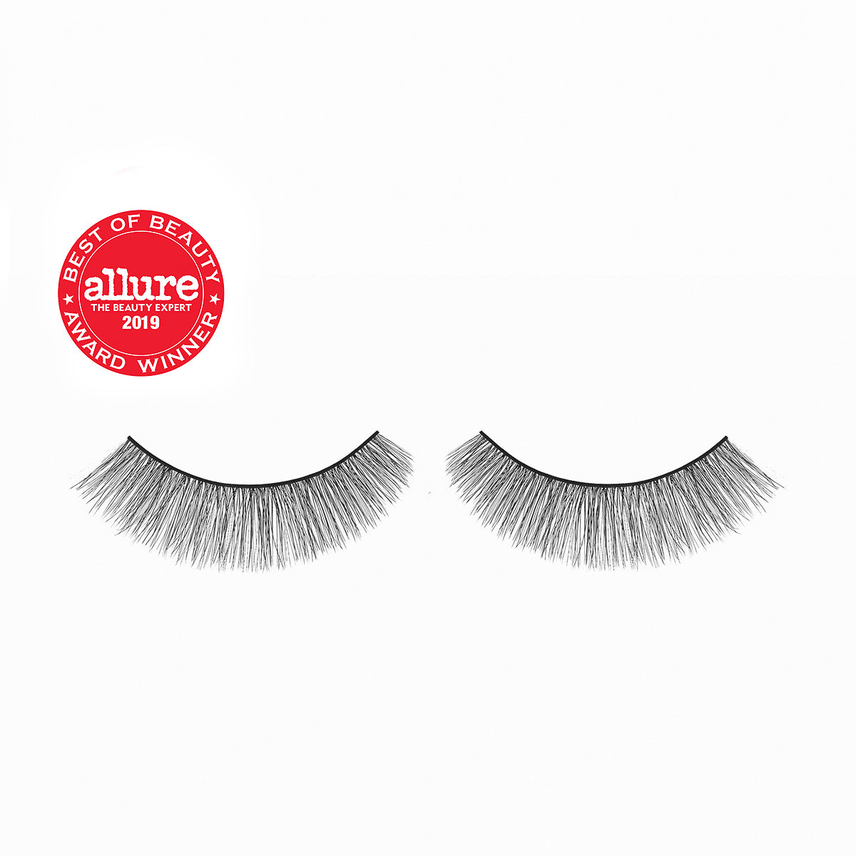 Lithe Lashes Core Collection lash style named 02 Everyday Round,  a product image displaying the lash pair on its own, floating on a white background and zoomed in and the Allure Best of Beauty winner seal in the upper left of the image, highlighting how beautiful and natural looking the false eyelashes look. 