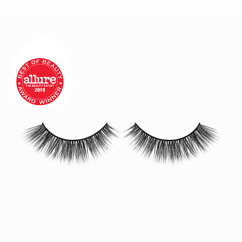 Lithe Lashes Core Collection lash style named 06 Natural and Classic, a product image displaying the lash pair on its own, floating on a white background and zoomed in and the Allure Best of Beauty winner seal in the upper left of the image, highlighting how beautiful and natural looking the false eyelashes look. 
