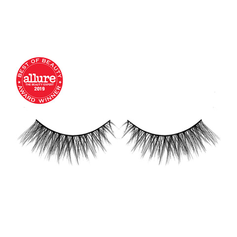 Lithe Lashes Core Collection lash style named 08 Criss Crossed and Winged, a product image displaying the lash pair on its own, floating on a white background and zoomed in and the Allure Best of Beauty winner seal in the upper left of the image, highlighting how beautiful and natural looking the false eyelashes look.