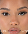 Lithe Lashes Bold Collection Style B2 - Full Flare, a before and after image where the model has full makeup, except that on her right eye she is not wearing a false lash, whereas on the left eye she is wearing a false lash, which shows just how beautiful false eyelashes can complete a makeup look.