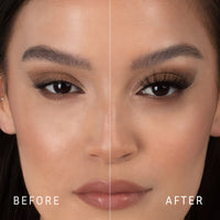 Lithe Lashes Bold Collection Style B4 - Wispy & Bold, a before and after image where the model has full makeup, except that on her right eye she is not wearing a false lash, whereas on the left eye she is wearing a false lash, which shows just how beautiful false eyelashes can complete a makeup look.