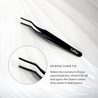 Lithe Lashes false lashes accessories, Lash Applicator. A matte black and ergonomic applicator tool to help in the false lashes application process. The image shows the matte black applicator on a white background with a close up image in the lower left corner of the fine tip of the applicator, with a callout stating that the pointed curve tip mimics the natural curvature of your lash line.