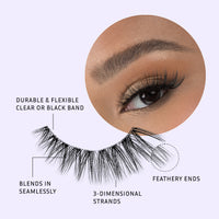 Lithe Lashes Bold Collection style B2 Full Flare pictogram showing a single lash in the foreground highlighting the callouts of the lash being durable and flexible with clear or black band, that it blends in seamlessly with your natural lashes, with 3D lash strands and having feathery ends. In the background is an image of a model's eye wearing the lash, all on a purple background.