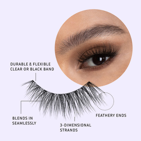 Lithe Lashes Bold Collection style B4 Wispy & Bold pictogram showing a single lash in the foreground highlighting the callouts of the lash being durable and flexible with clear or black band, that it blends in seamlessly with your natural lashes, with 3D lash strands and having feathery ends. In the background is an image of a model's eye wearing the lash, all on a purple background.