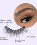 Lithe Lashes Bold Collection style B5 Fine & Fluttery pictogram showing a single lash in the foreground highlighting the callouts of the lash being durable and flexible with clear or black band, that it blends in seamlessly with your natural lashes, with 3D lash strands and having feathery ends. In the background is an image of a model's eye wearing the lash, all on a purple background.
