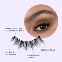 Lithe Lashes Bold Collection style B6 Prim & Pleated pictogram showing a single lash in the foreground highlighting the callouts of the lash being durable and flexible with clear or black band, that it blends in seamlessly with your natural lashes, with 3D lash strands and having feathery ends. In the background is an image of a model's eye wearing the lash, all on a purple background.