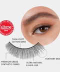 Lithe Lashes Core Collection lash style named 02 Everyday Round, a pictogram showing a single false lash in the foreground highlighting the callouts of it having a thin and soft cotton band, it being made of premium grade synthetic fibres, looking ultra-natural and hair-like with feathery ends, all on a light grey background with an image of a model's eye wearing them in the upper right corner, and an Allure Best of Beauty seal in the upper left of the image.