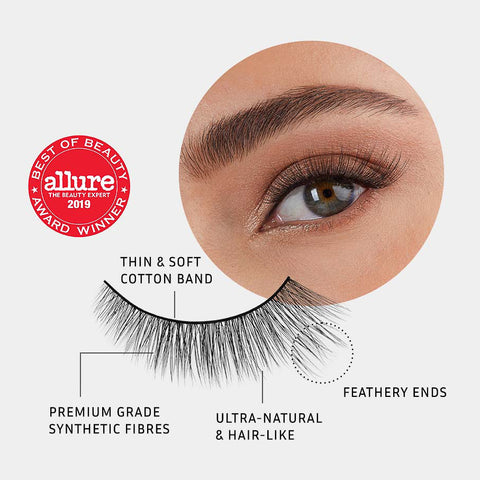 Lithe Lashes Core Collection lash style named 03 Everyday Winged, a pictogram showing a single false lash in the foreground highlighting the callouts of it having a thin and soft cotton band, it being made of premium grade synthetic fibres, looking ultra-natural and hair-like with feathery ends, all on a light grey background with an image of a model's eye wearing them in the upper right corner, and an Allure Best of Beauty seal in the upper left of the image.