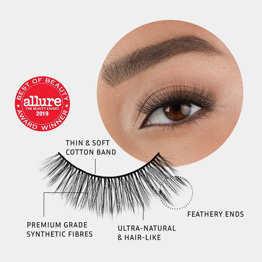 Lithe Lashes Core Collection lash style named 04 Long and Graceful, a pictogram showing a single false lash in the foreground highlighting the callouts of it having a thin and soft cotton band, it being made of premium grade synthetic fibres, looking ultra-natural and hair-like with feathery ends, all on a light grey background with an image of a model's eye wearing them in the upper right corner, and an Allure Best of Beauty seal in the upper left of the image.
