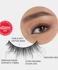 Lithe Lashes Core Collection lash style named 05 Wispy and Willowy,  a pictogram showing a single false lash in the foreground highlighting the callouts of it having a thin and soft cotton band, it being made of premium grade synthetic fibres, looking ultra-natural and hair-like with feathery ends, all on a light grey background with an image of a model's eye wearing them in the upper right corner, and an Allure Best of Beauty seal in the upper left of the image.