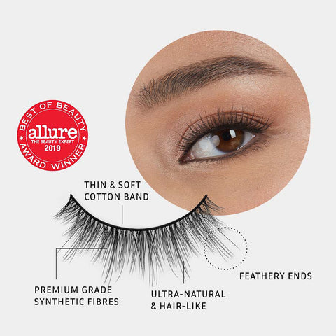 Lithe Lashes Core Collection lash style named 05 Wispy and Willowy,  a pictogram showing a single false lash in the foreground highlighting the callouts of it having a thin and soft cotton band, it being made of premium grade synthetic fibres, looking ultra-natural and hair-like with feathery ends, all on a light grey background with an image of a model's eye wearing them in the upper right corner, and an Allure Best of Beauty seal in the upper left of the image.