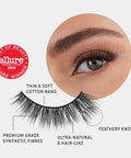 Lithe Lashes Core Collection lash style named 06 Natural and Classic, a pictogram showing a single false lash in the foreground highlighting the callouts of it having a thin and soft cotton band, it being made of premium grade synthetic fibres, looking ultra-natural and hair-like with feathery ends, all on a light grey background with an image of a model's eye wearing them in the upper right corner, and an Allure Best of Beauty seal in the upper left of the image.