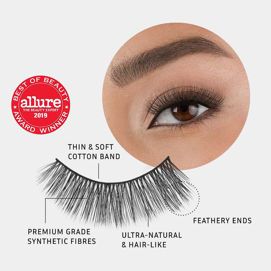 Lithe Lashes Core Collection lash style named 07 Long and 3-Dimensional, a pictogram showing a single false lash in the foreground highlighting the callouts of it having a thin and soft cotton band, it being made of premium grade synthetic fibres, looking ultra-natural and hair-like with feathery ends, all on a light grey background with an image of a model's eye wearing them in the upper right corner, and an Allure Best of Beauty seal in the upper left of the image.