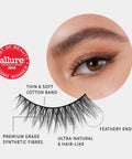 Lithe Lashes Core Collection lash style named 08 Criss Crossed and Winged, a pictogram showing a single false lash in the foreground highlighting the callouts of it having a thin and soft cotton band, it being made of premium grade synthetic fibres, looking ultra-natural and hair-like with feathery ends, all on a light grey background with an image of a model's eye wearing them in the upper right corner, and an Allure Best of Beauty seal in the upper left of the image.