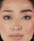 Lithe Lashes Beauty Accessories Brow Precision Pencil A before and After photo showing a model's face with a white divider down the middle of her face, where on the left side of the image shows no brow pencil on her right eyebrow, and on the right side of the image shows the model's left eyebrow after using the black/brown pencil on her brows showing a fuller and more complete look to her face