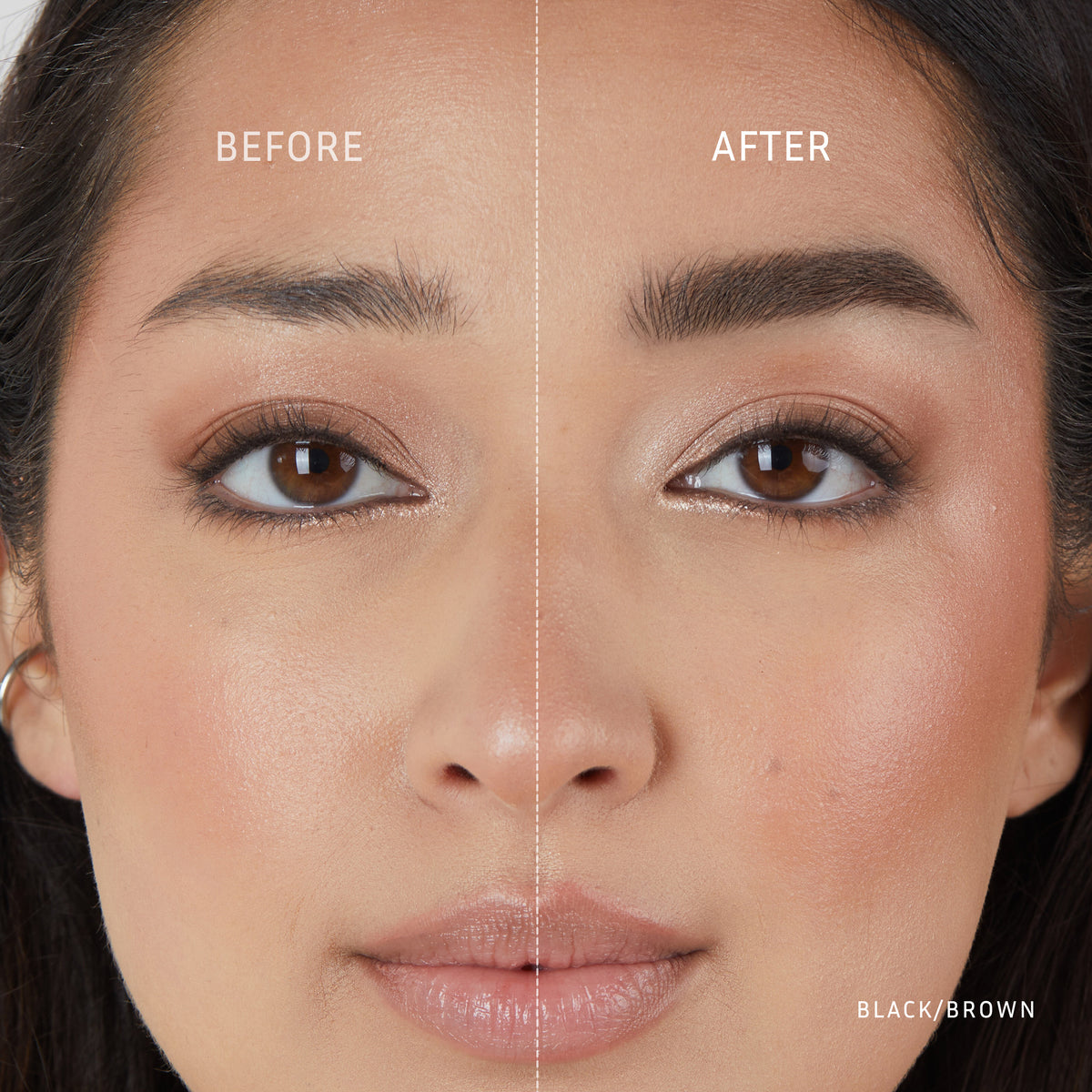 Lithe Lashes Beauty Accessories Brow Precision Pencil A before and After photo showing a model's face with a white divider down the middle of her face, where on the left side of the image shows no brow pencil on her right eyebrow, and on the right side of the image shows the model's left eyebrow after using the black/brown pencil on her brows showing a fuller and more complete look to her face
