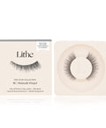 Lithe Lashes Nude Collection Style N1 Minimally Winged, product image with a single pair of false eyelashes resting in their cream coloured biodegradable plastic tray on right side of the image, and on the left side of the image is the cream coloured paper sleeve showing a high definition image of a single lash on the front, with the logo in the centre and in the upper right the callouts of easy to apply and reusable.