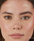 Lithe Lashes Beauty Accessories Brow Precision Pencil A before and After photo showing a model's face with a white divider down the middle of her face, where on the left side of the image shows no brow pencil on her right eyebrow, and on the right side of the image shows the model's left eyebrow after using the medium brown pencil on her brows showing a fuller and more complete look to her face