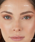 Lithe Lashes Beauty Accessories Brow Precision Pencil A before and After photo showing a model's face with a white divider down the middle of her face, where on the left side of the image shows no brow pencil on her right eyebrow, and on the right side of the image shows the model's left eyebrow after using the ash brown pencil on her brows showing a fuller and more complete look to her face