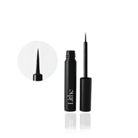 Lithe Lashes false lashes accessories lash bond lash adhesive, waterproof and free of latex, parabens, phthalates, and formaldehyde. The image shows the lash glue opened with the black bottle and ultra fine tip placed side by side on a diagonal pattern on a white background